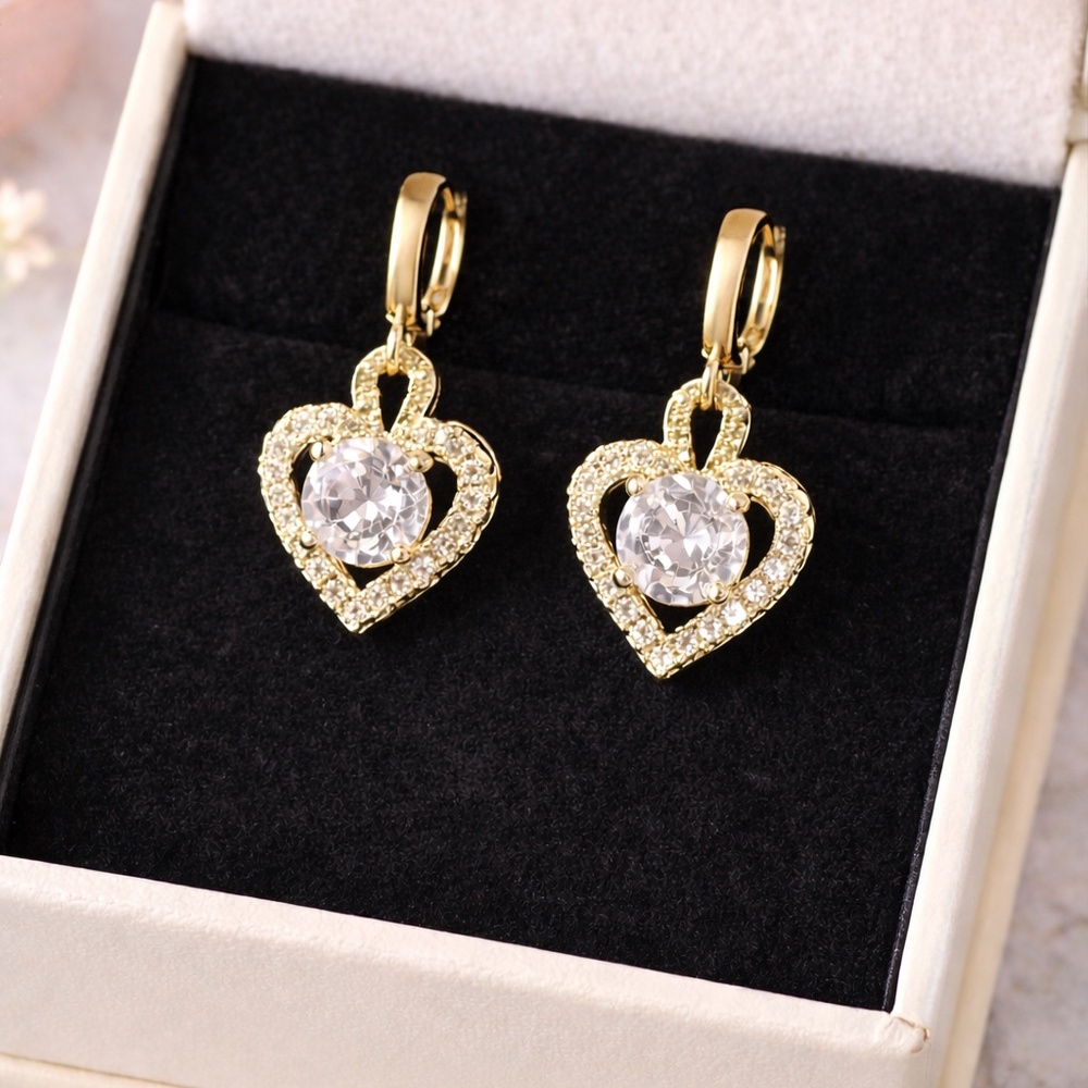 Dainty Gold Heart Drop Huggie Earrings – 14K Gold Plated CZ Petite 1” Dangle, Hy